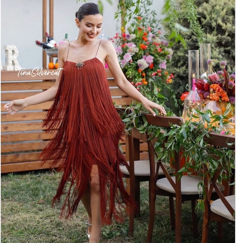 Zara Fringe Cocktail Mini Midi Dress Brown Sz S NWT